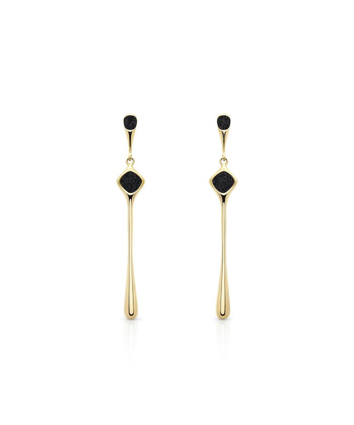 Elegant Monica Varela black and gold dangle earrings, crafted with 925 sterling silver and 18k gold micron plating.