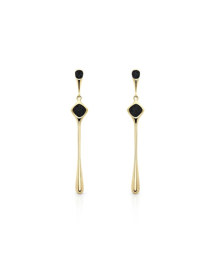 Elegant Monica Varela black and gold dangle earrings, crafted with 925 sterling silver and 18k gold micron plating.