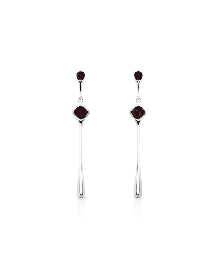 Sterling silver dangle earrings with burgundy adornments, platinum plated for a sleek, stylish look.