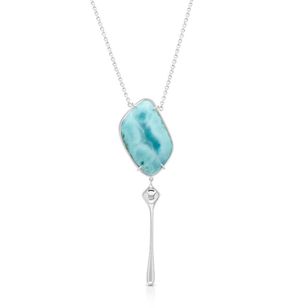 Stunning Larimar pendant on silver chain, featuring vibrant blue gemstone design and sleek drop detail. Perfect for elegant accessorizing.