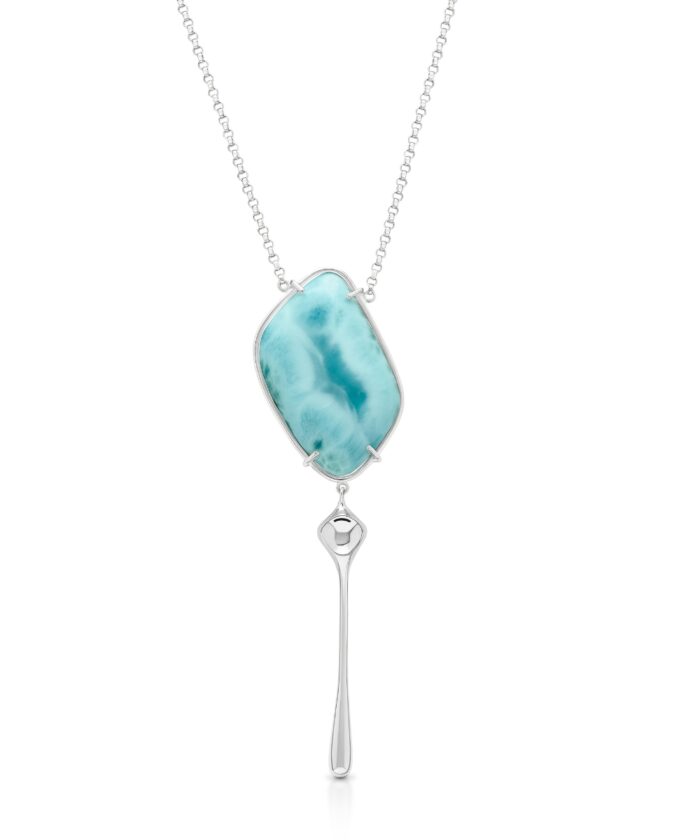 Stunning Larimar pendant on silver chain, featuring vibrant blue gemstone design and sleek drop detail. Perfect for elegant accessorizing.