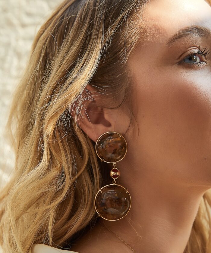 Close-up of a woman’s face highlighting her large earrings and radiant complexion. Fashion-forward look inspired by Monica Varela.
