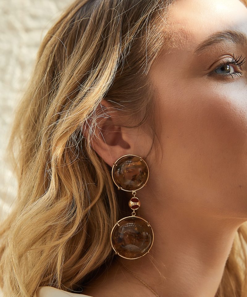 Minute Amber Dangle Earrings in 18k yellow gold, worn on model's ear
