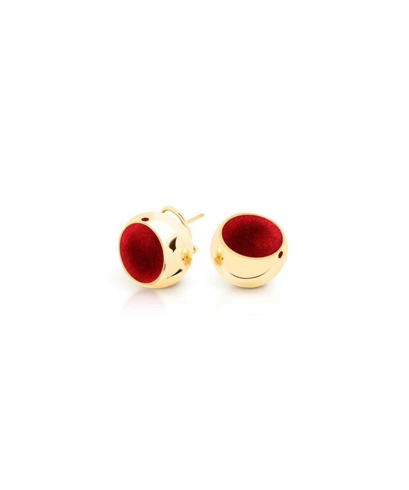 Sphere Stud Earrings in 925 sterling silver with 18k gold plating and red microfiber