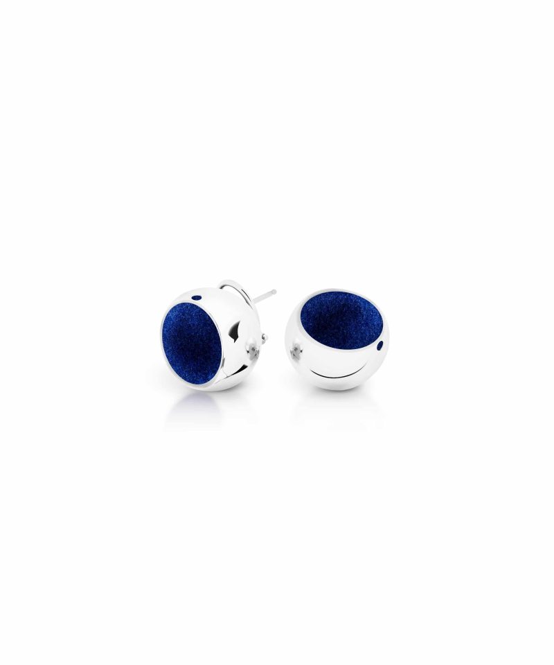 Sphere Stud Earrings in 925 sterling silver with platinum plating and blue microfiber
