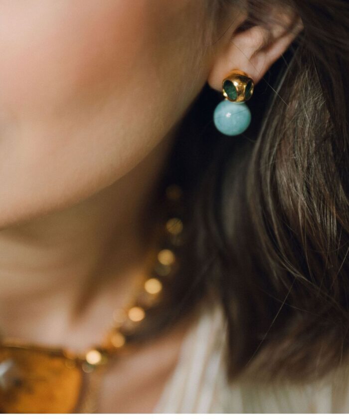 Dainty Larimar gemstone studs with gold accents, perfect for sophisticated jewelry looks.