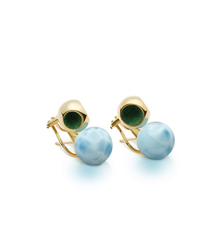 Larimar earrings with sterling silver, 18k gold micron plating, green accents, and blue larimar gemstones.