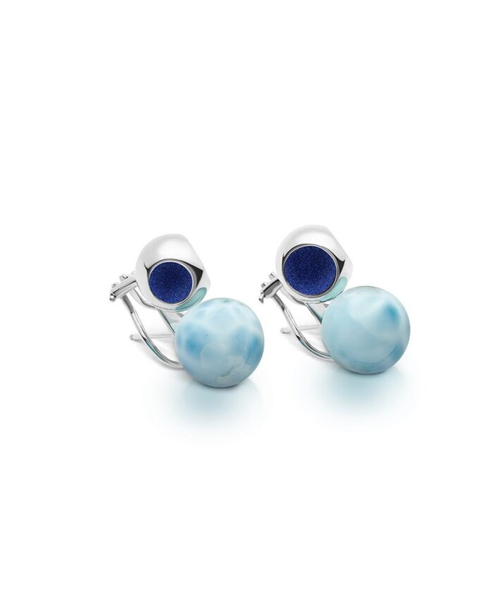 Elegant larimar gemstone stud earrings with silver accents, perfect for sophisticated jewelry lovers.