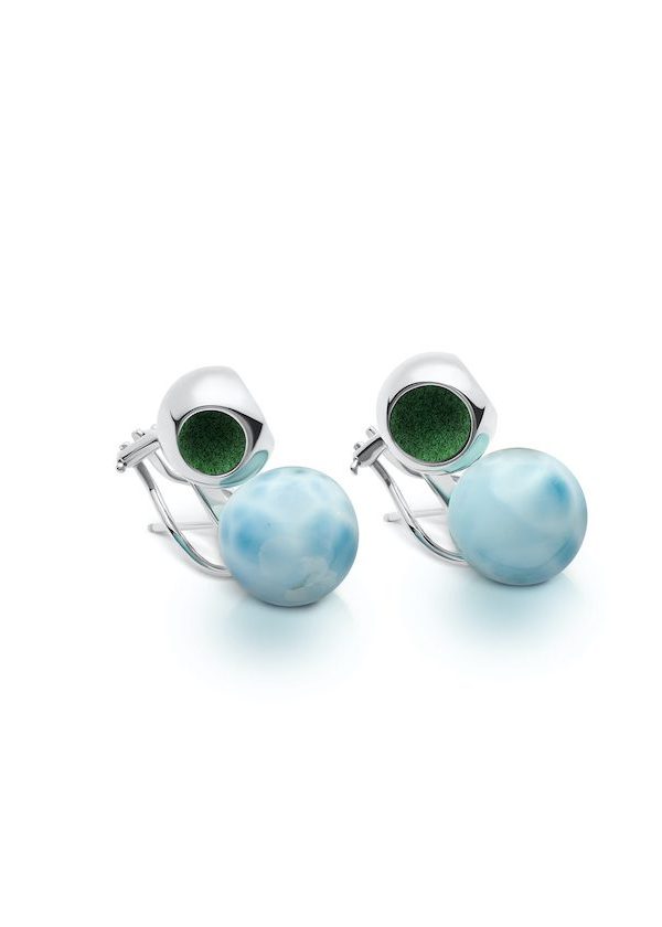 Infinity Petite Larimar Studs in 925 sterling silver with platinum plating and Jazzy Green accents