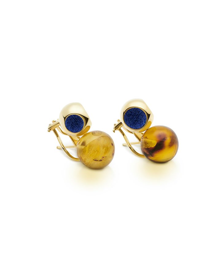 Elegant gold earrings with blue and amber elements for a stylish look.
