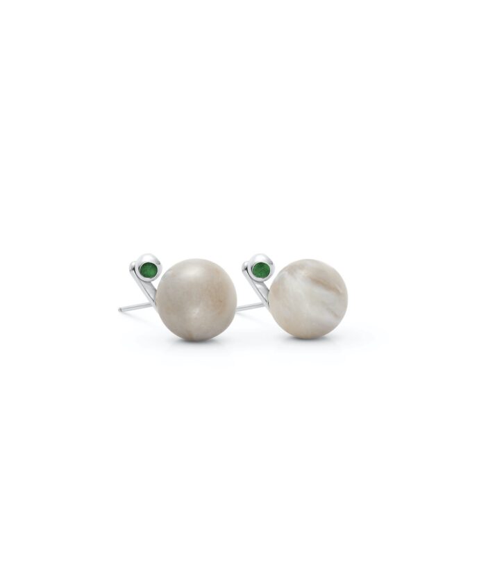 Elegant moonstone and pearl stud earrings with green accent details. Perfect for stylish, chic jewelry lovers.