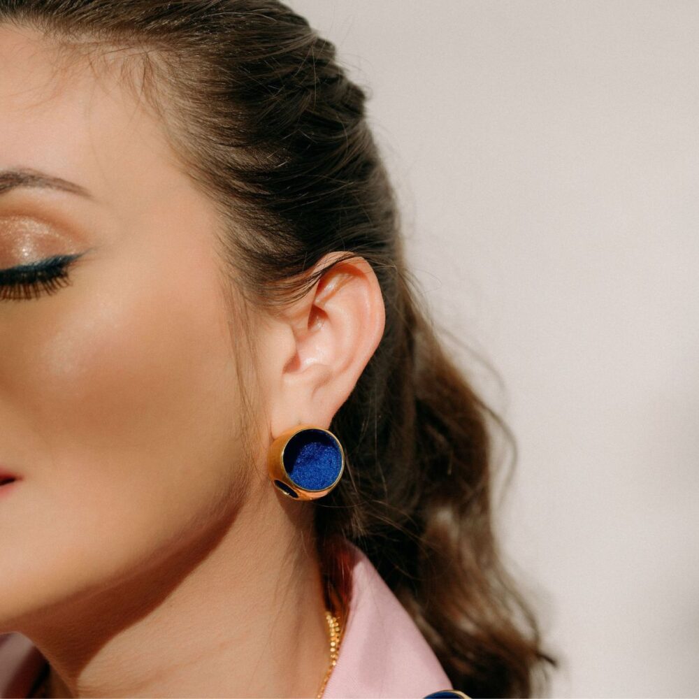 Blue velvet statement studs, fashionable and elegant earrings.