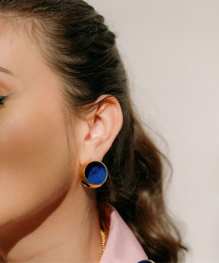 Blue velvet statement studs, fashionable and elegant earrings.