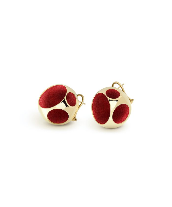 Elegant gold sphere earrings with red velvet inlay for stylish jewelry looks.