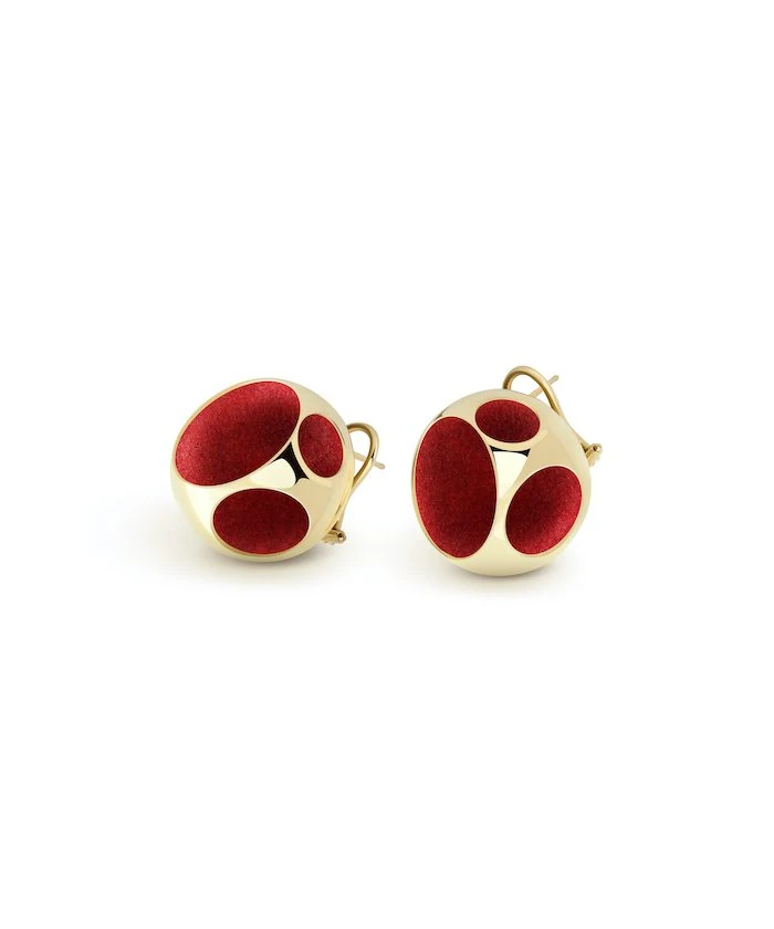 Elegant gold sphere earrings with red velvet inlay for stylish jewelry looks.