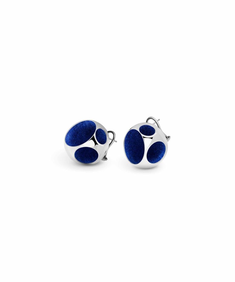 Maxi Sphere Stud Earrings in 925 sterling silver with platinum plating and blue microfiber
