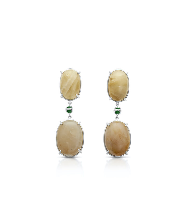 Elegant moonstone drop earrings with green accent beads. Perfect for jewelry lovers and fashionable accessories.