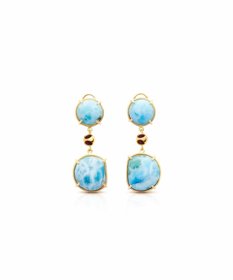 Cauni Larimar Earrings in 925 sterling silver with 18k gold plating and Blazing Burgundy accents