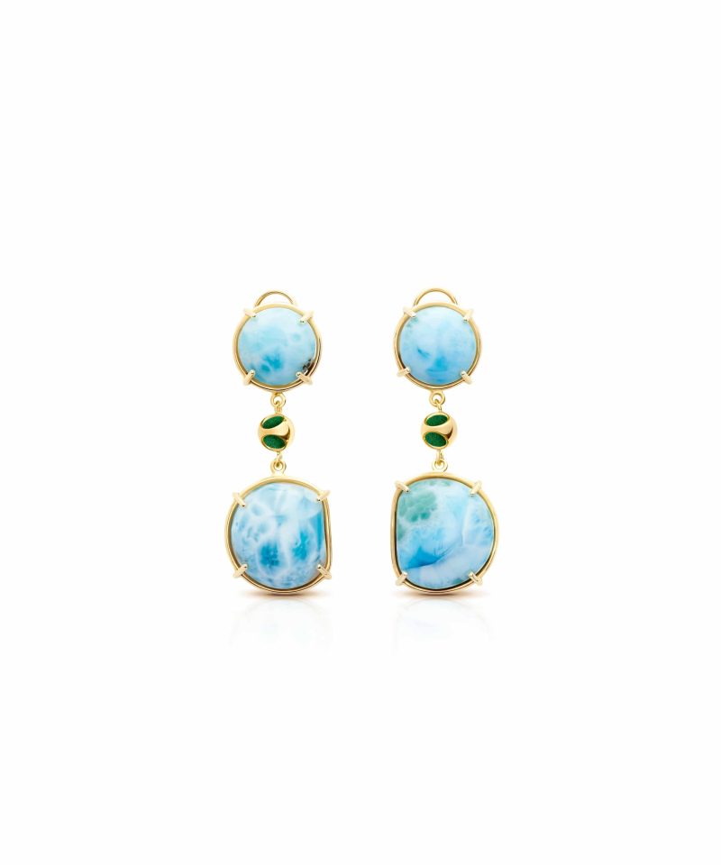 Cauni Larimar Earrings in 925 sterling silver with 18k gold plating and green microfiber