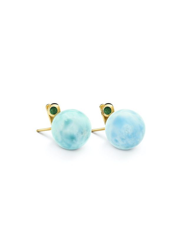 Teeny Larimar Stud Earrings in 925 sterling silver with 18k gold plating and green microfiber