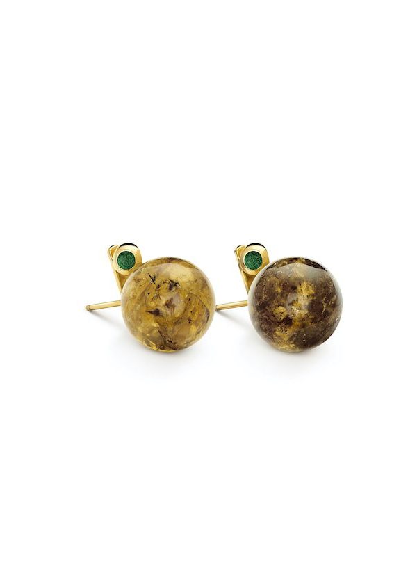 Teeny Amber Stud Earrings in 925 sterling silver with 18k gold plating and green microfiber