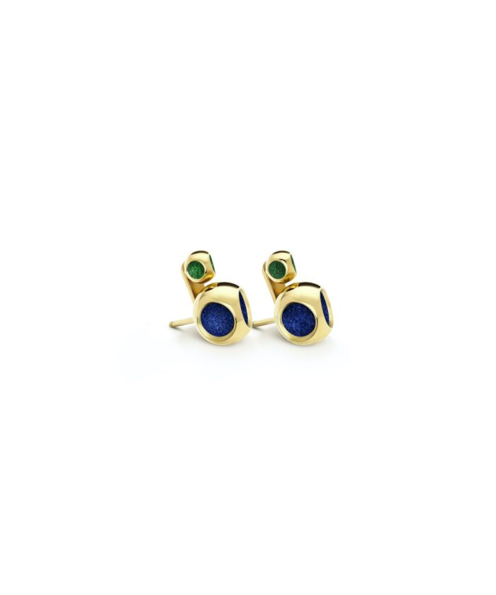 Vibrant blue and green gemstone earrings with gold accents, stylish jewelry for women.