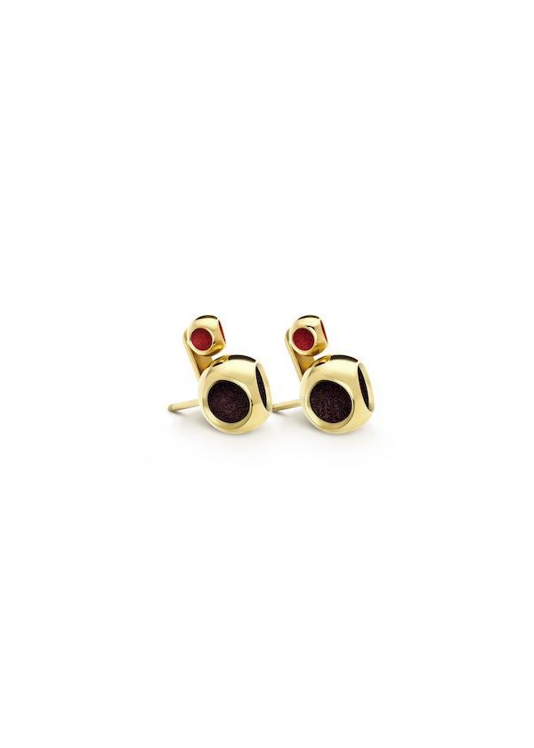Minute Teeny Stud Earrings in 925 sterling silver with 18k gold plating and burgundy and red microfiber