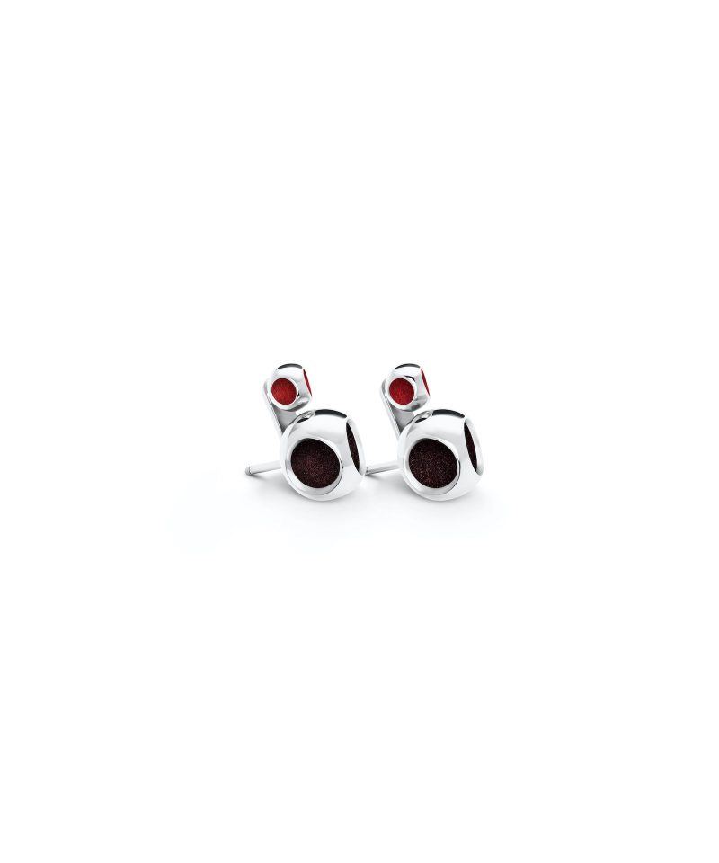 Minute Teeny Stud Earrings in 925 sterling silver with platinum plating and burgundy and red microfiber