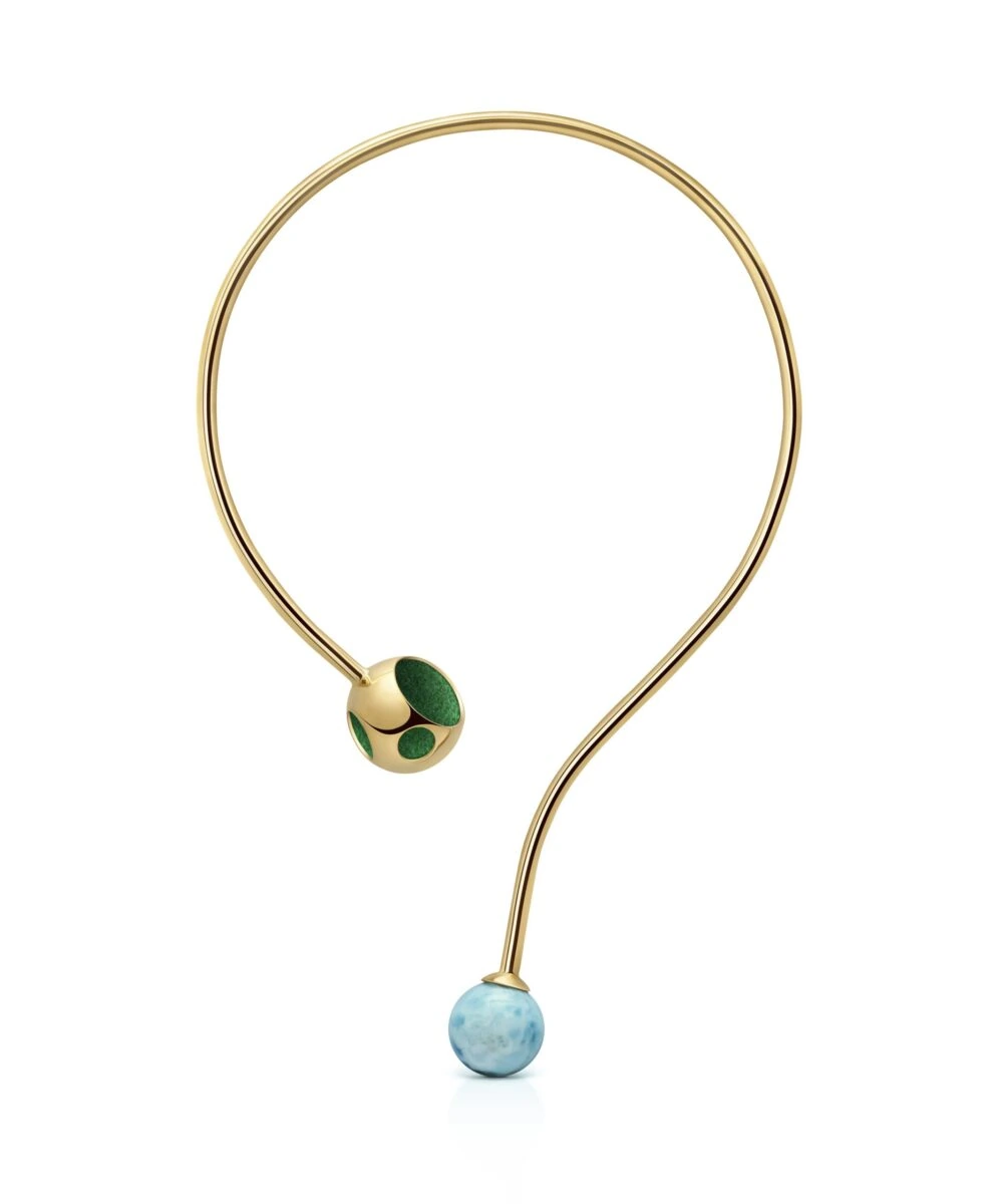 Gold Larimar and green gemstone sphere necklace, stylish jewelry for women.