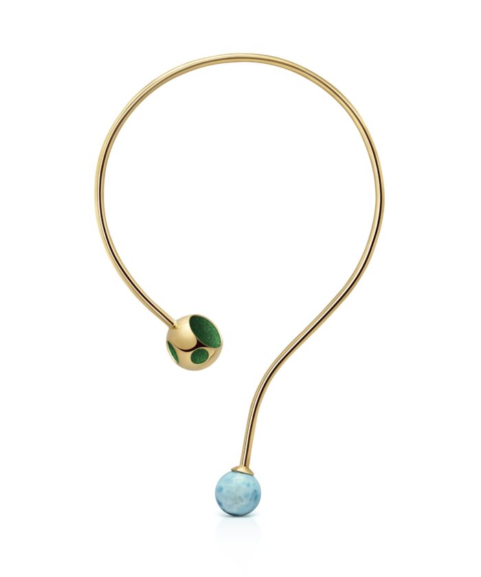 Gold Larimar and green gemstone sphere necklace, stylish jewelry for women.