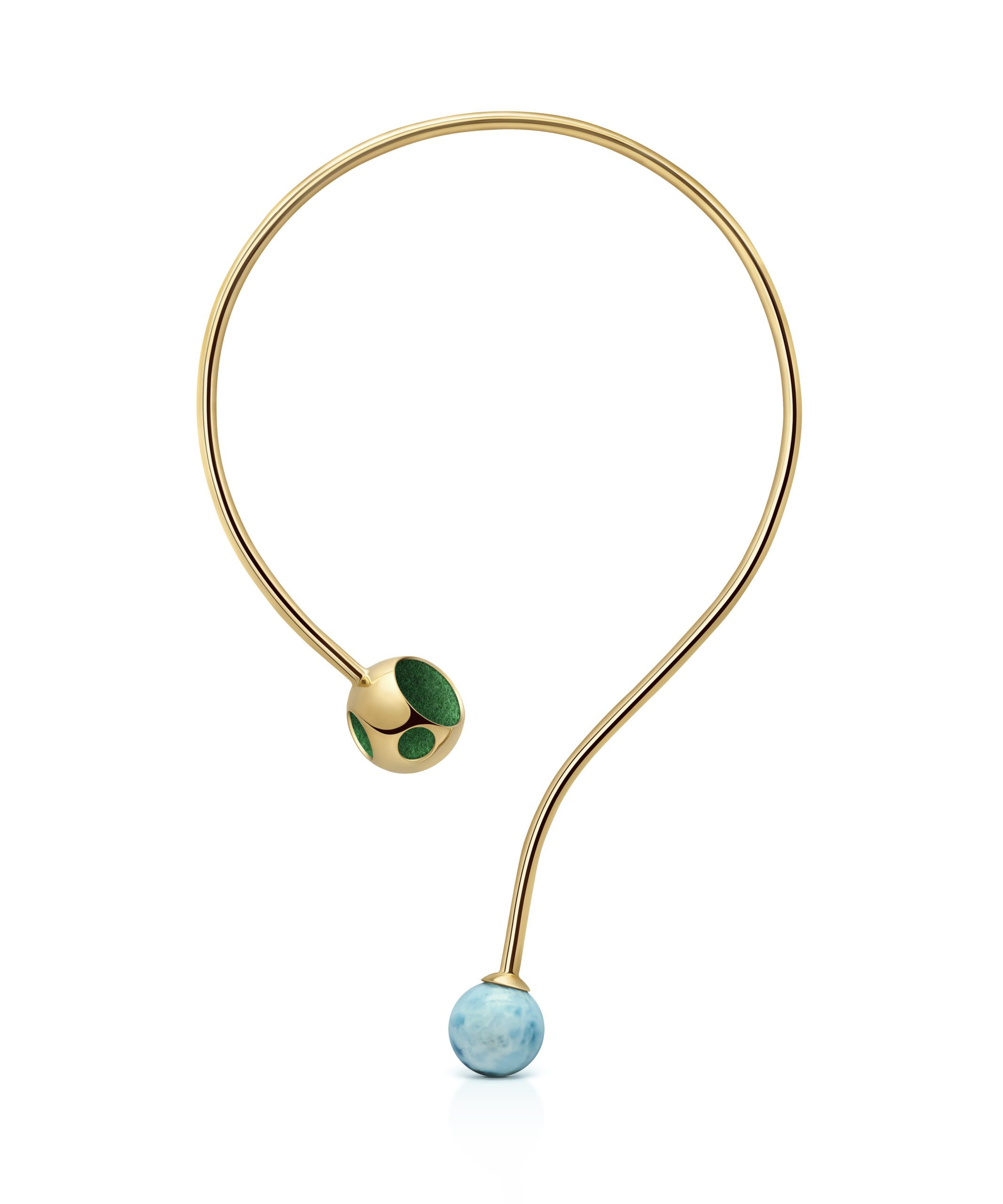 Elegant Larimar and green gemstone choker Gold Larimar and green gemstone sphere necklace, stylish jewelry for women.