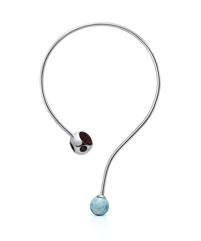 Elegant Larimar sphere necklace with modern silver design, perfect for sophisticated jewelry lovers.
