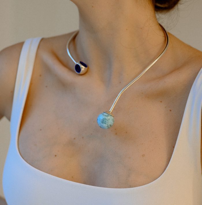 Stylish Larimar sphere necklace for women, perfect for summer and beachwear.