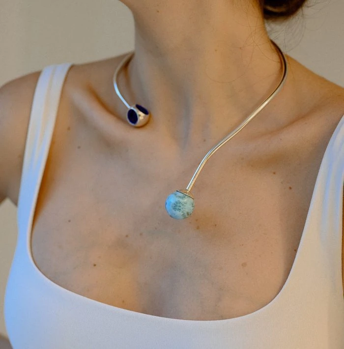 Stylish Larimar sphere necklace for women, perfect for summer and beachwear.