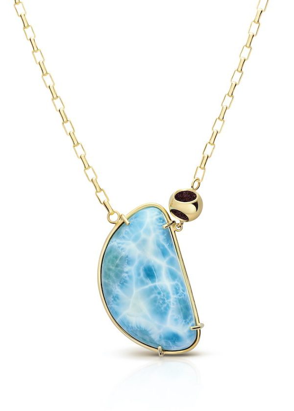 Petite Larimar Fancy Oval Chain Necklace in 925 sterling silver with 18k gold plating and burgundy microfiber