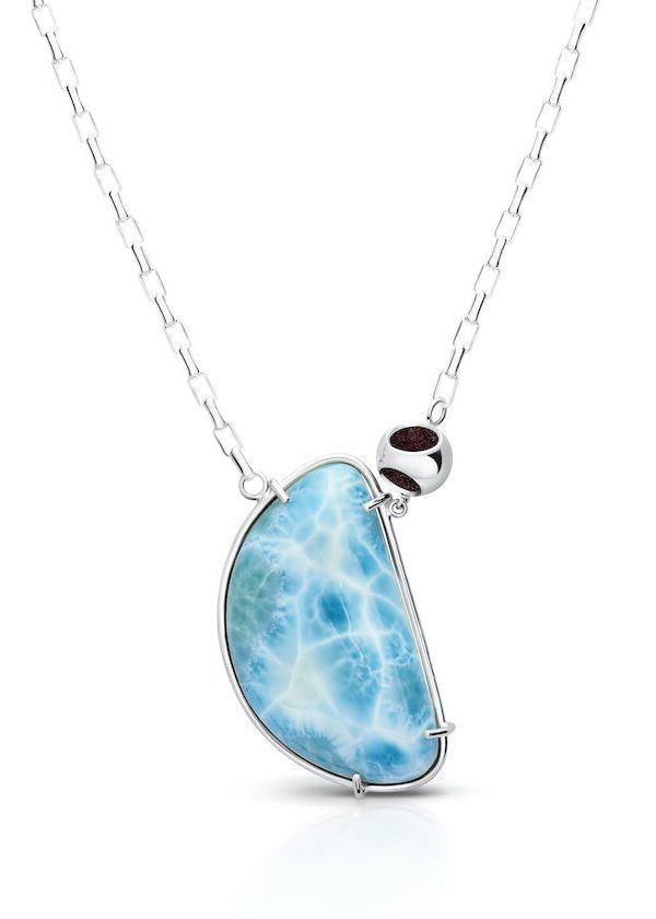 Petite Larimar Fancy Oval Chain Necklace in 925 sterling silver with platinum plating and burgundy microfiber