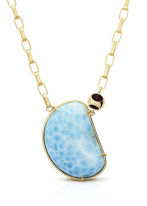 Petite Larimar Fancy Square Chain Necklace in 925 sterling silver with 18k gold plating and burgundy microfiber