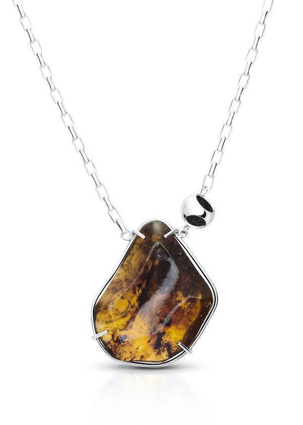 Petite Amber Fancy Oval Chain Necklace in 925 sterling silver with platinum plating and black microfiber