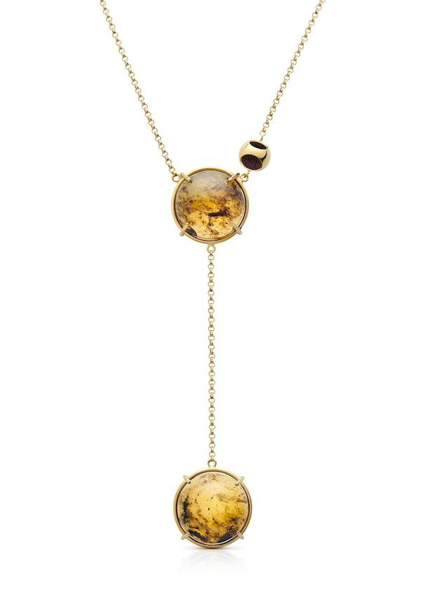 Petite Double Amber Pendant Necklace in 925 sterling silver with 18k gold plating and burgundy microfiber