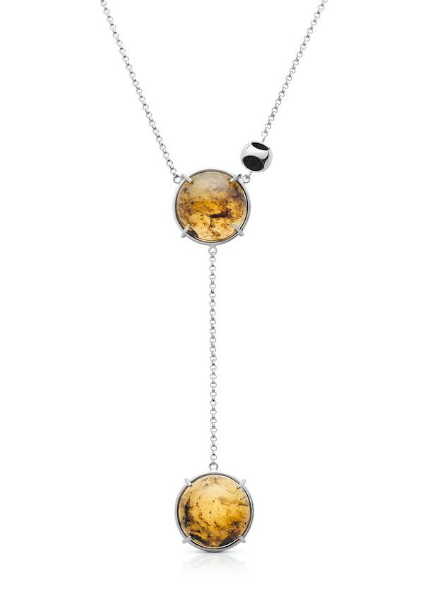 Petite Double Amber Pendant Necklace in 925 sterling silver with platinum plating and black microfiber