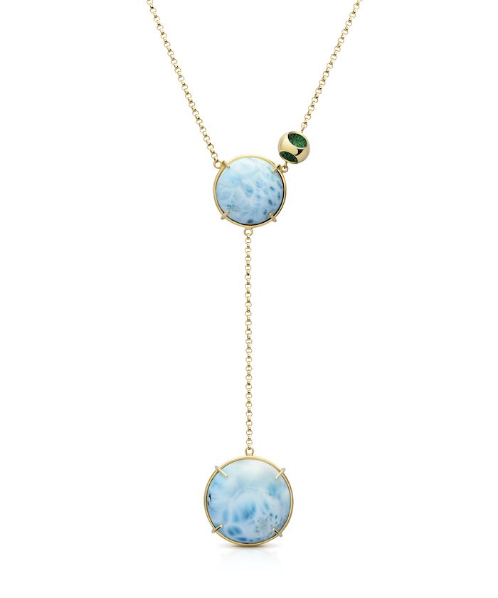 Delicate Larimar pendant with gold chain, featuring two blue larimar stones and a small green accent bead.