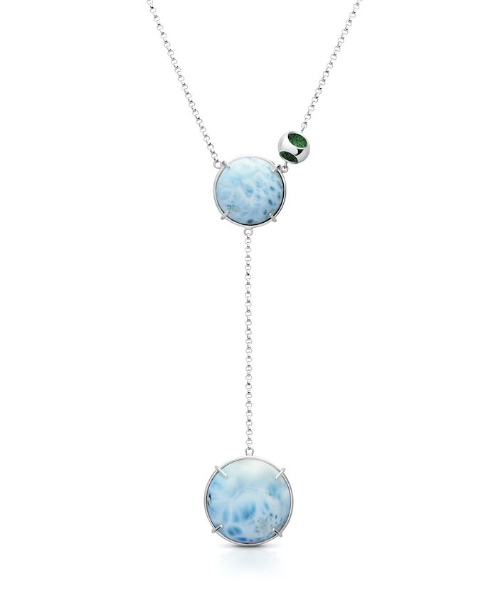 Beautiful larimar gemstone necklace with double pendant and sterling silver chain. Perfect for elegant jewelry lovers.