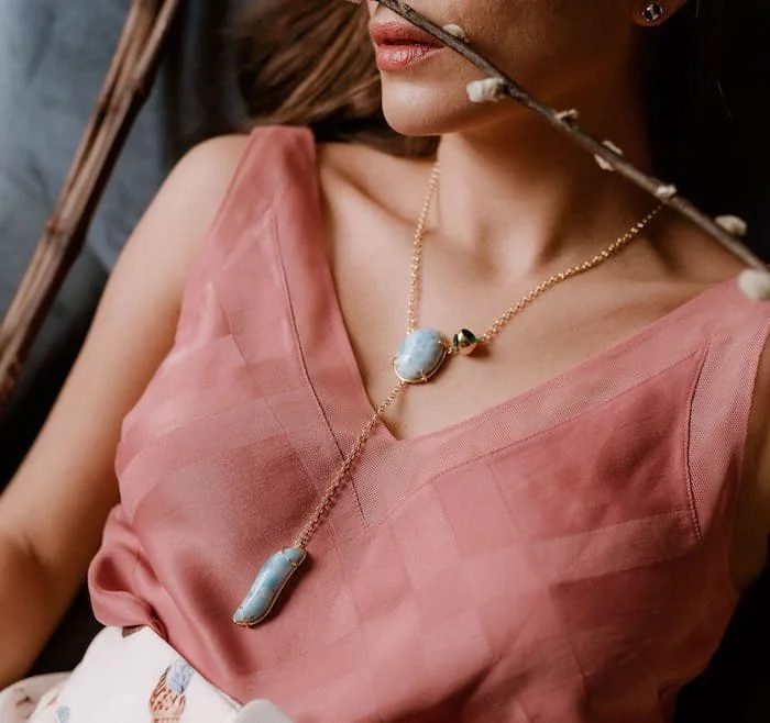 Elegant Larimar necklace with double stone design, perfect for sophisticated jewelry collection.