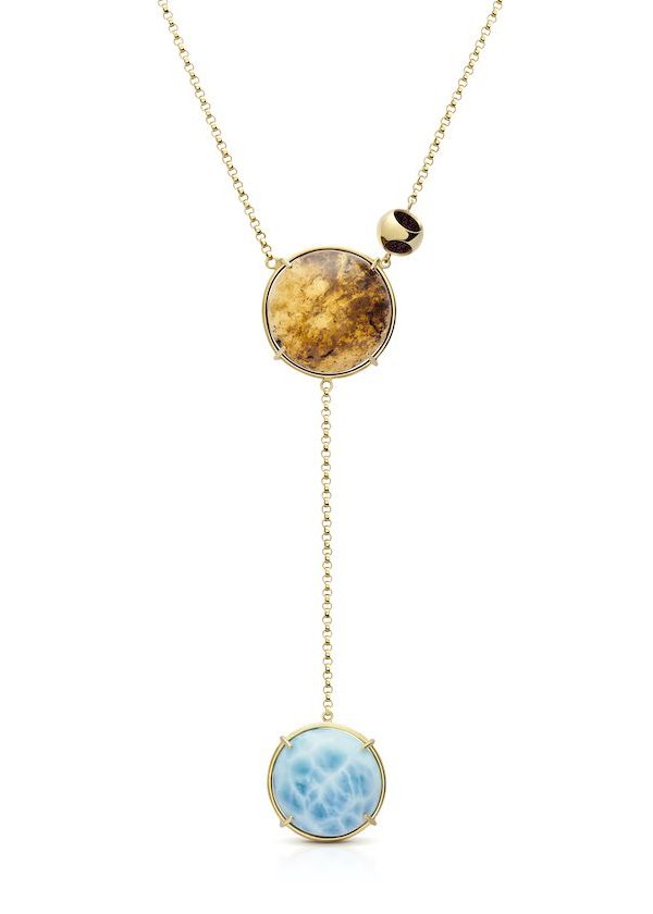 Petite Double Amber & Larimar Pendant Necklace in 925 sterling silver with 18k gold plating and burgundy microfiber