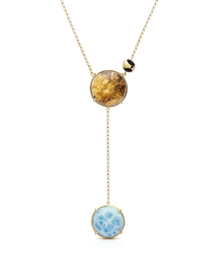 Delicate gold necklace featuring amber and larimar stones for a stunning jewelry look.