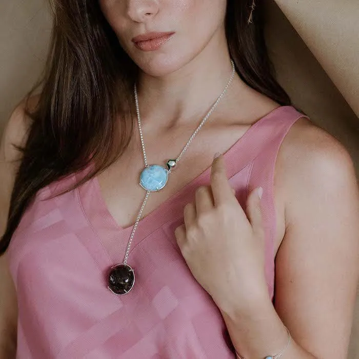 Petite Larimar and Amber pendant jewelry for women, stylish gemstone jewelry for special occasions.