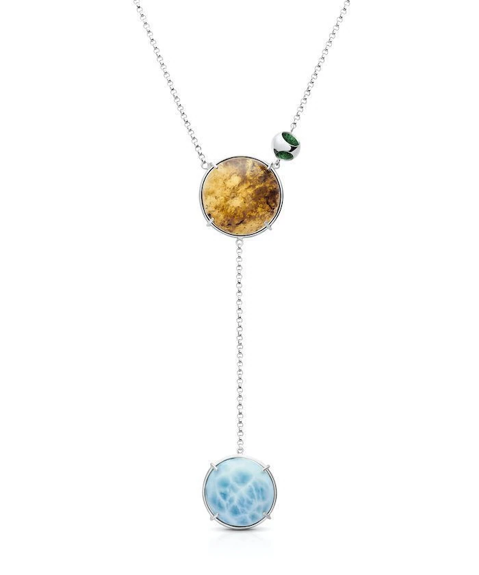 Delicate pendant necklace featuring amber and larimar stones with silver chain. Perfect for boho and beach-inspired jewelry styles.