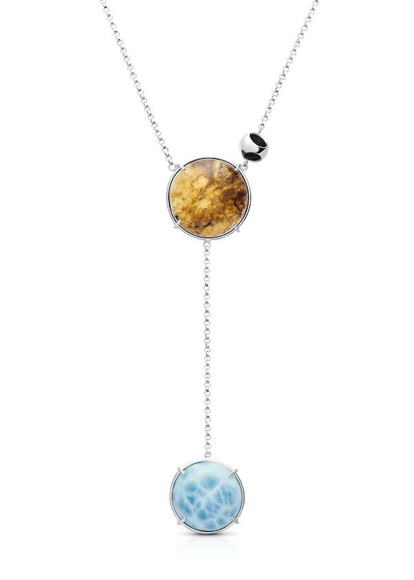 Petite Double Amber & Larimar Pendant Necklace in 925 sterling silver with platinum plating and black microfiber