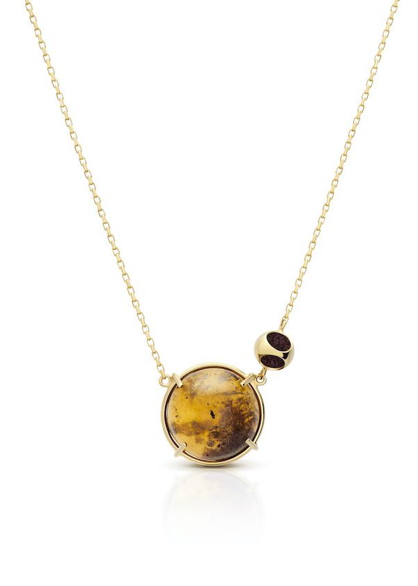 Minute Amber Pendant Necklace in 925 sterling silver with 18k gold plating and burgundy microfiber
