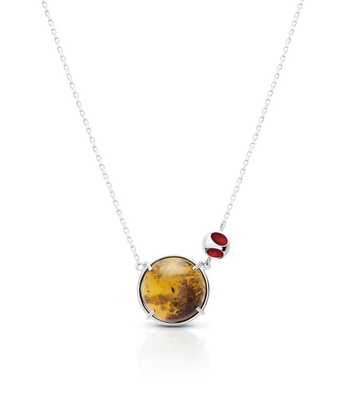 Elegant amber jewelry, sterling silver pendant, red accent necklace, fine gemstone jewelry.